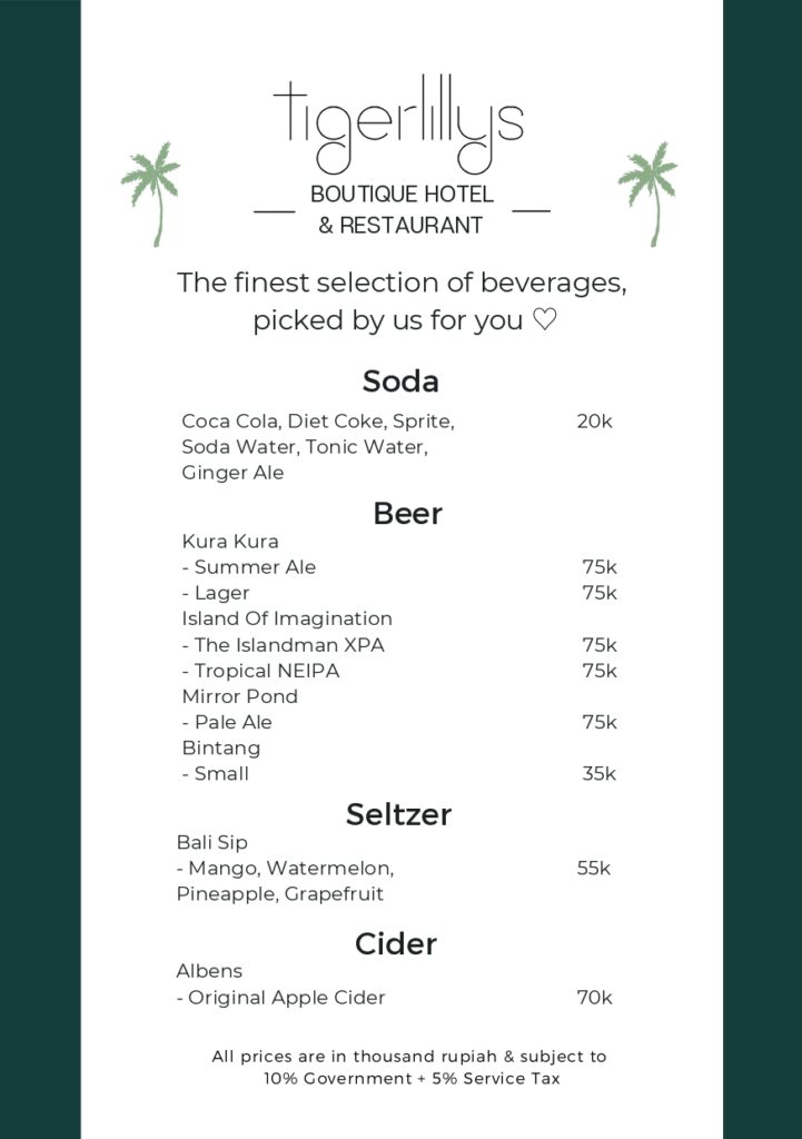 Tigerlillys mini bar menu
